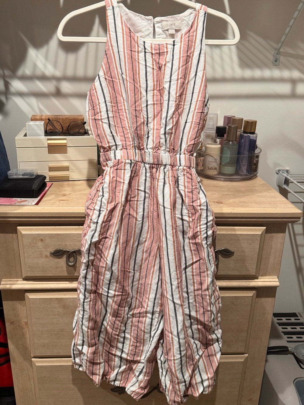 LOFT Pink, White & Rust Striped Sleeveless Jumpsuit